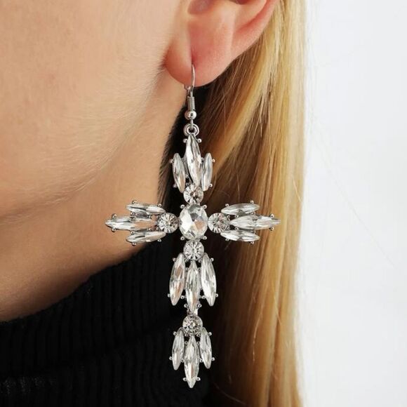 Vintage Art Deco Style Vamp Royal Tudor Rhinestone Cross Drop Statement - Picture 1 of 6